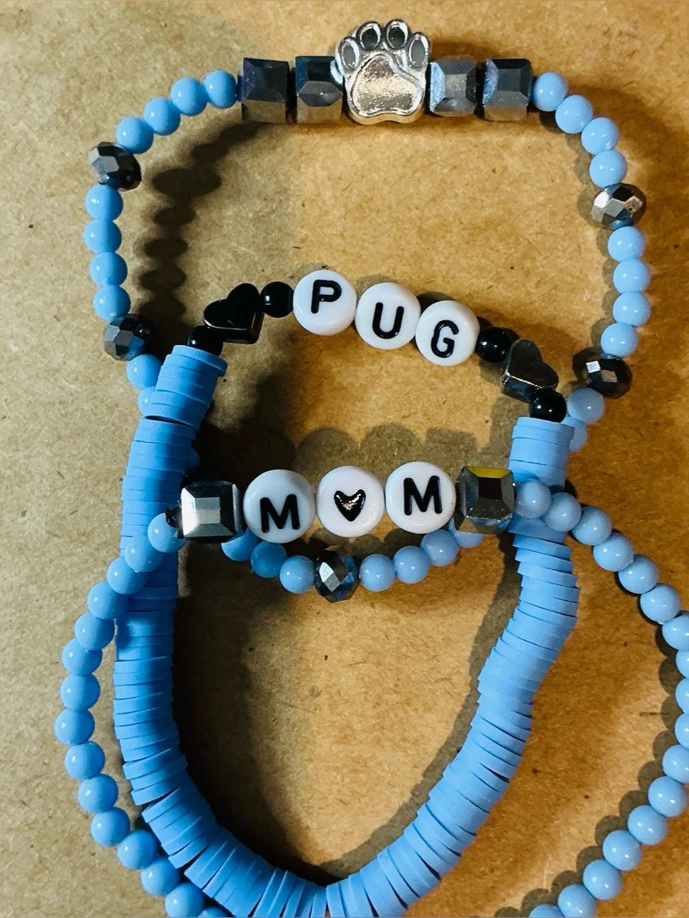 3 piece Pug Mom Paw Beaded Pet Bracelet Set